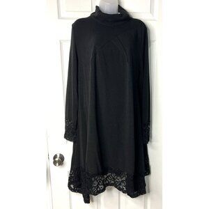 Lila Kass Black Knit Dress 4XL - Turtleneck, Lace Cuffs & Hem, A-Line, NOS